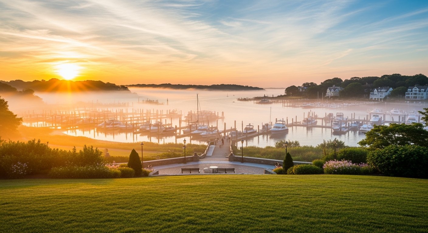 Manhasset NY waterfront aerial view at sunset