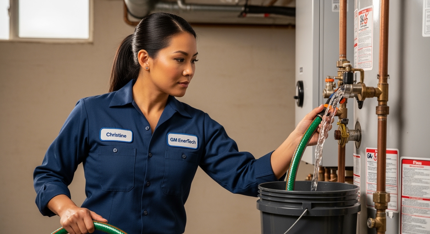 GM EnerTech HVAC technician servicing AC unit in Manhasset home