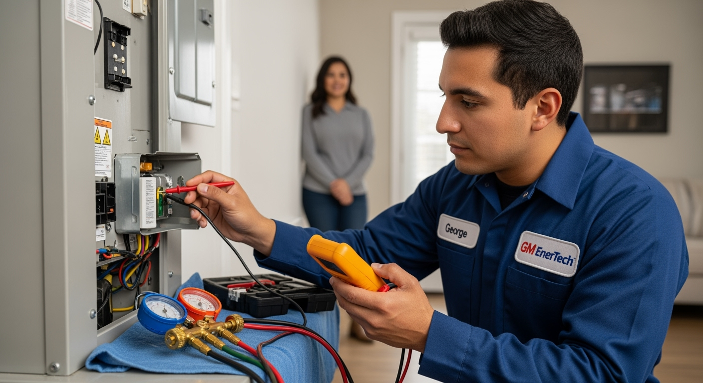 GM EnerTech HVAC technician servicing AC unit in Manorville home