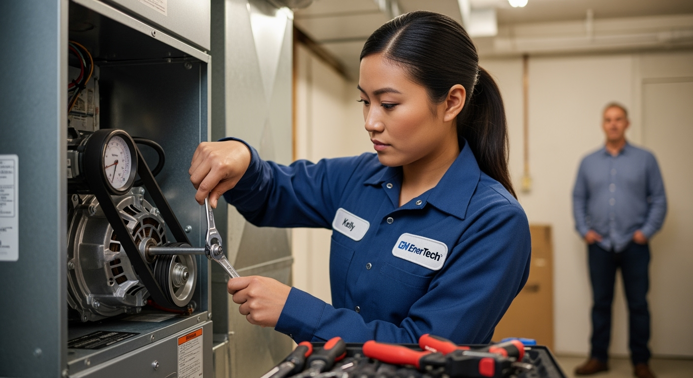 GM EnerTech HVAC technician servicing AC unit in Massapequa home
