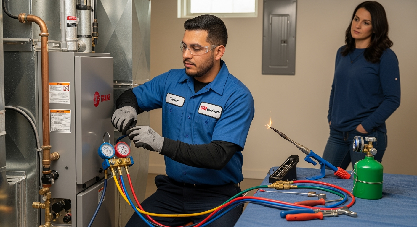 GM EnerTech HVAC technician servicing AC unit in Massapequa Park home