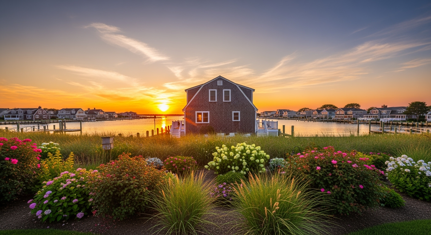 Mastic Beach NY waterfront aerial view at sunset