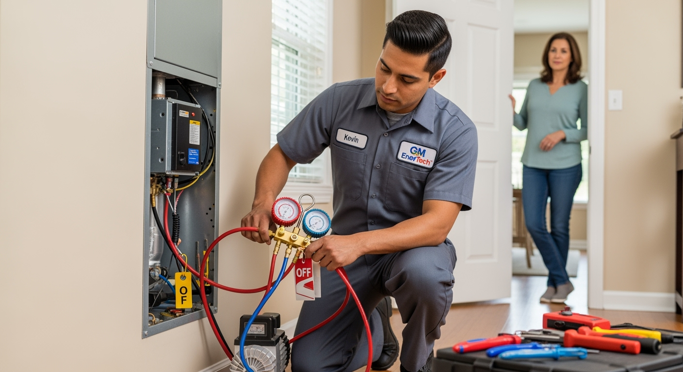 GM EnerTech HVAC technician servicing AC unit in Mastic Beach home