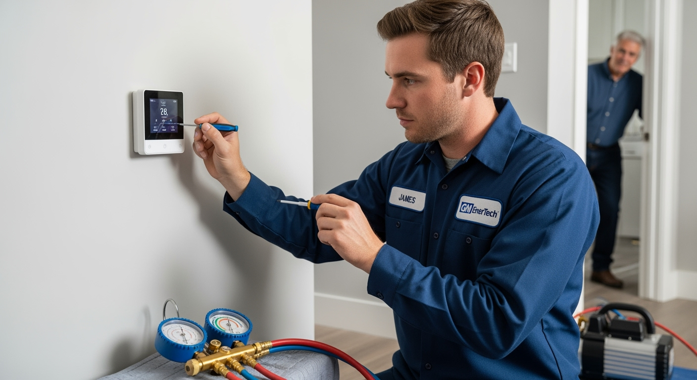 GM EnerTech HVAC technician servicing AC unit in Mastic home