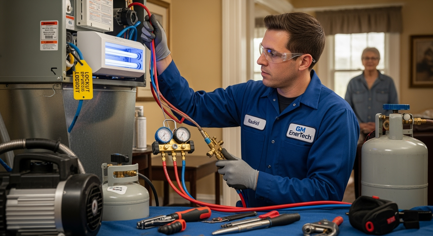 GM EnerTech HVAC technician servicing AC unit in Medford home