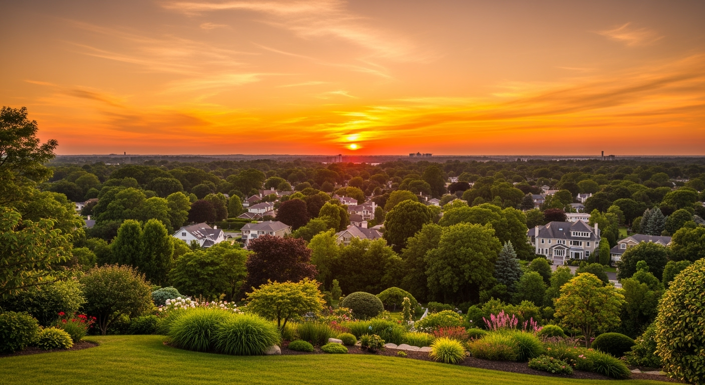 Melville NY waterfront aerial view at sunset