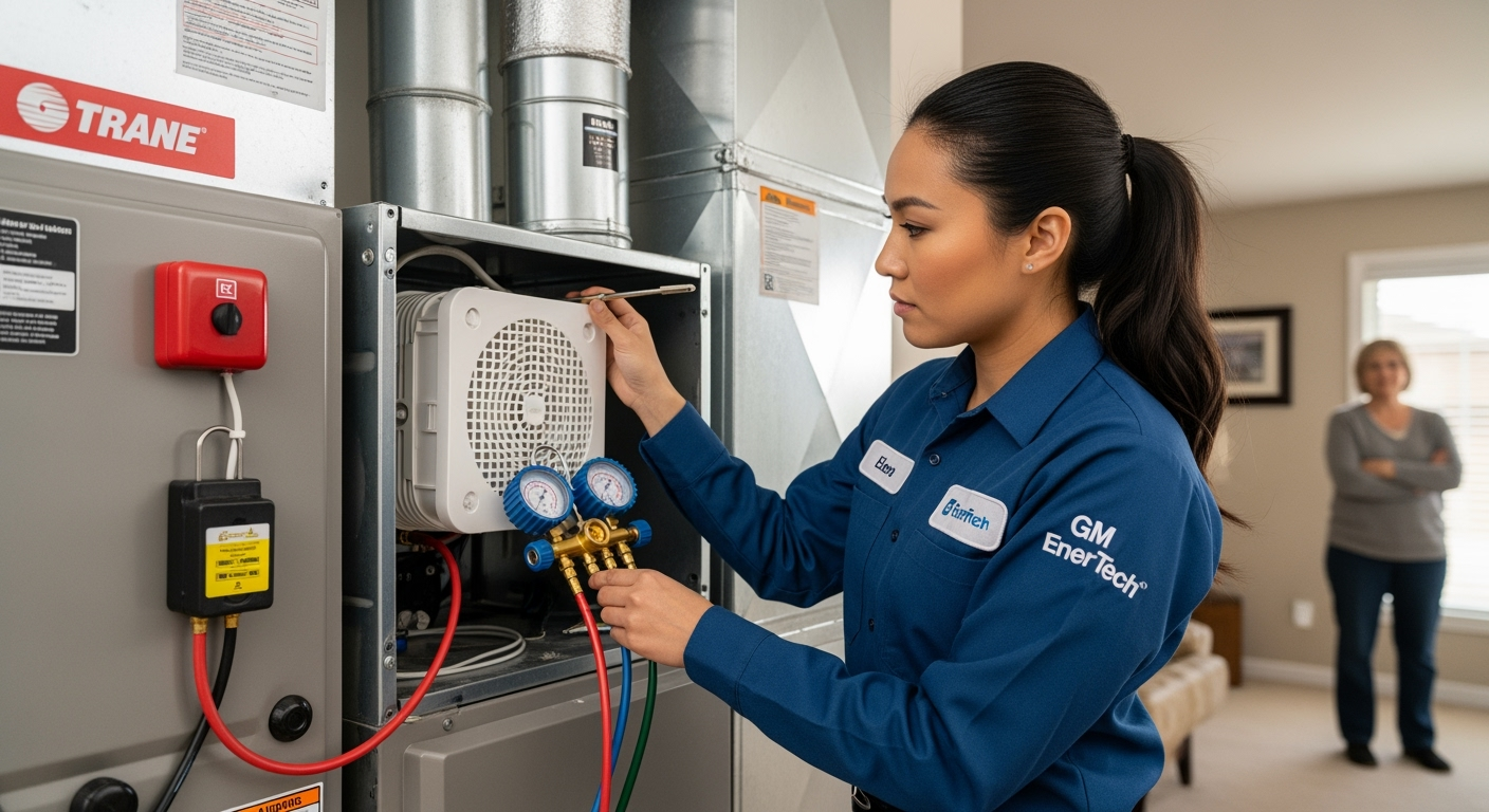 GM EnerTech HVAC technician servicing AC unit in Melville home