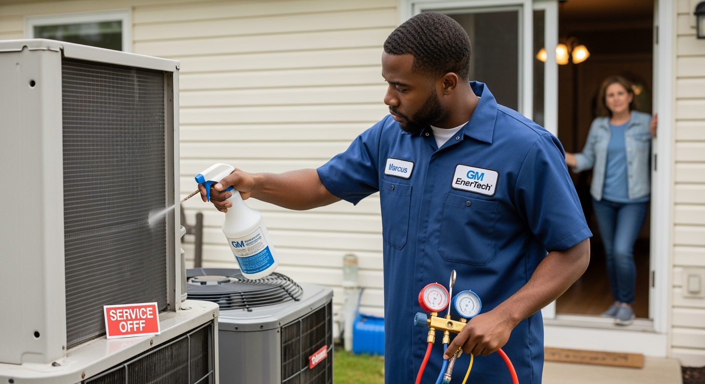 GM EnerTech HVAC technician servicing AC unit in Merrick home