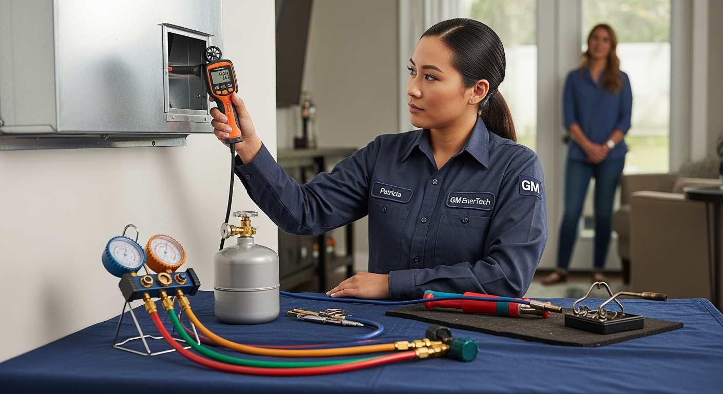 GM EnerTech HVAC technician servicing AC unit in Middle Island home