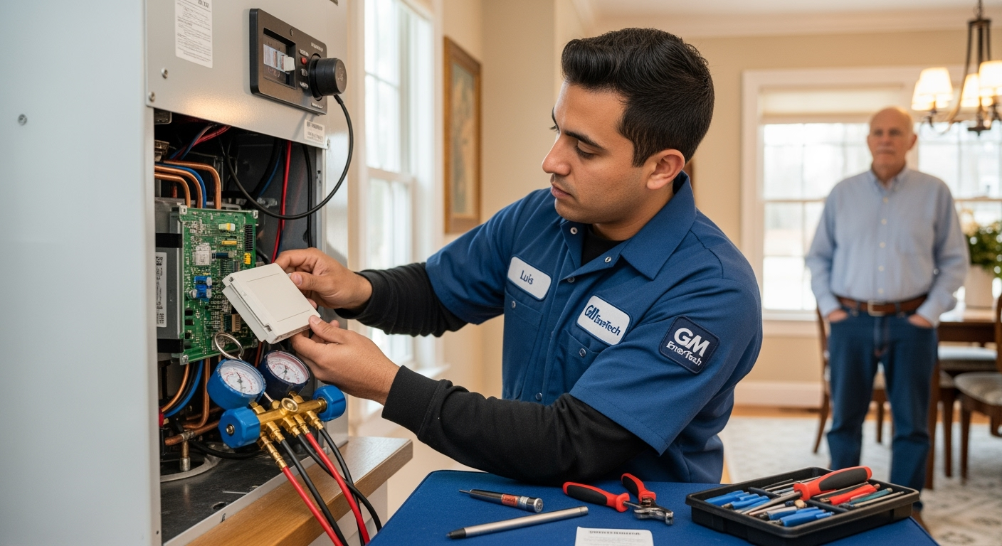 GM EnerTech HVAC technician servicing AC unit in Mill Neck home
