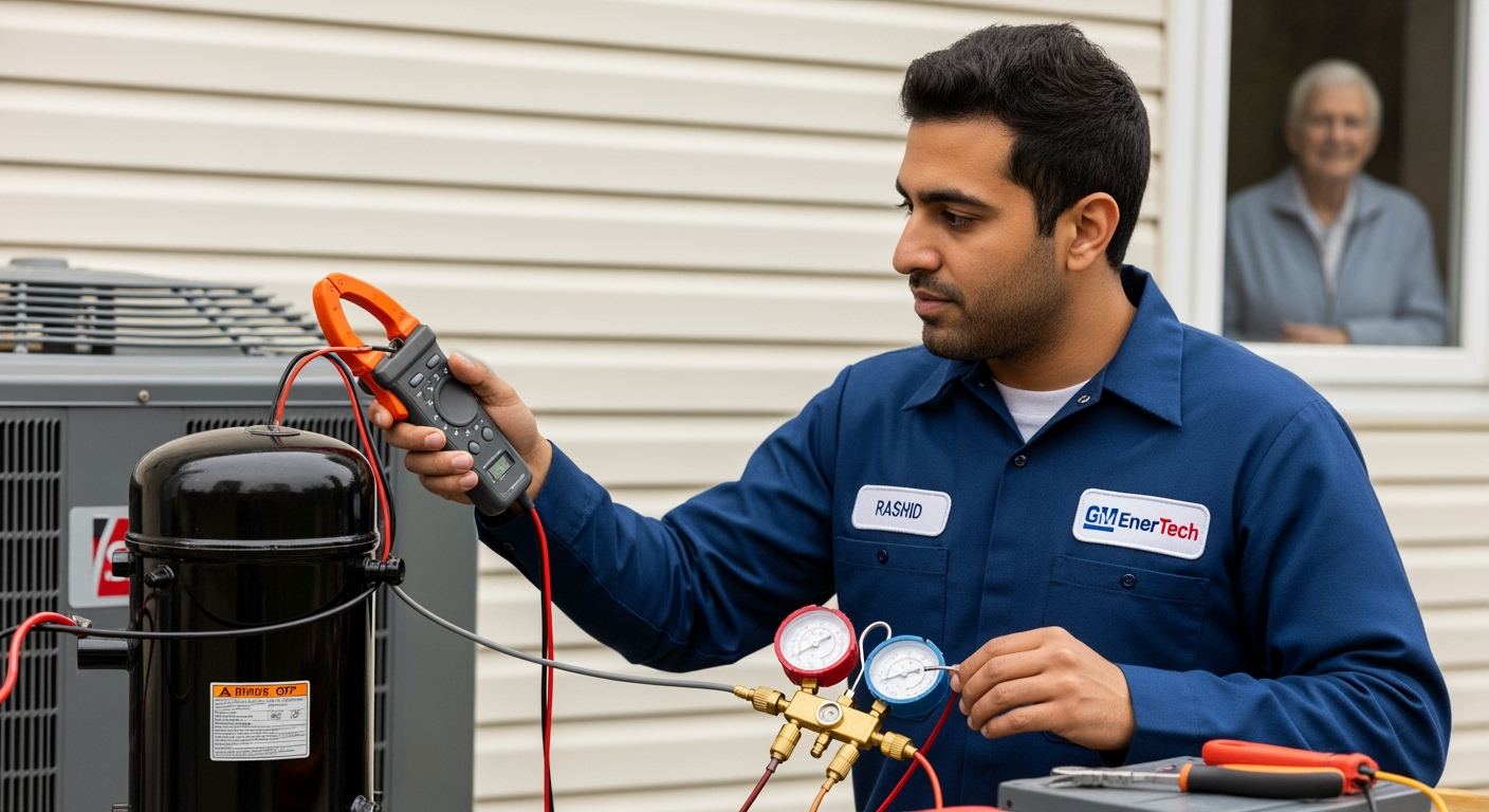 GM EnerTech HVAC technician servicing AC unit in Miller Place home