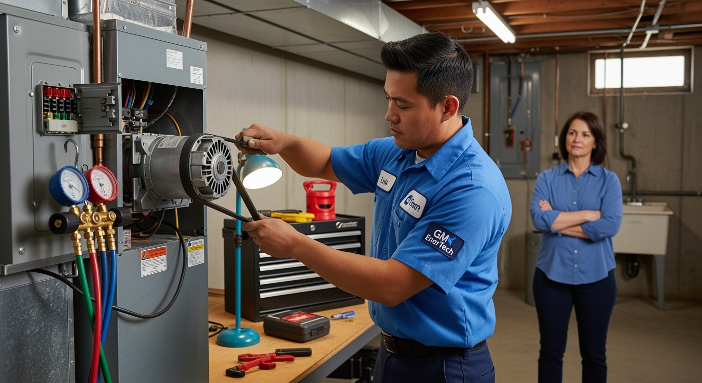 GM EnerTech HVAC technician servicing AC unit in Mineola home