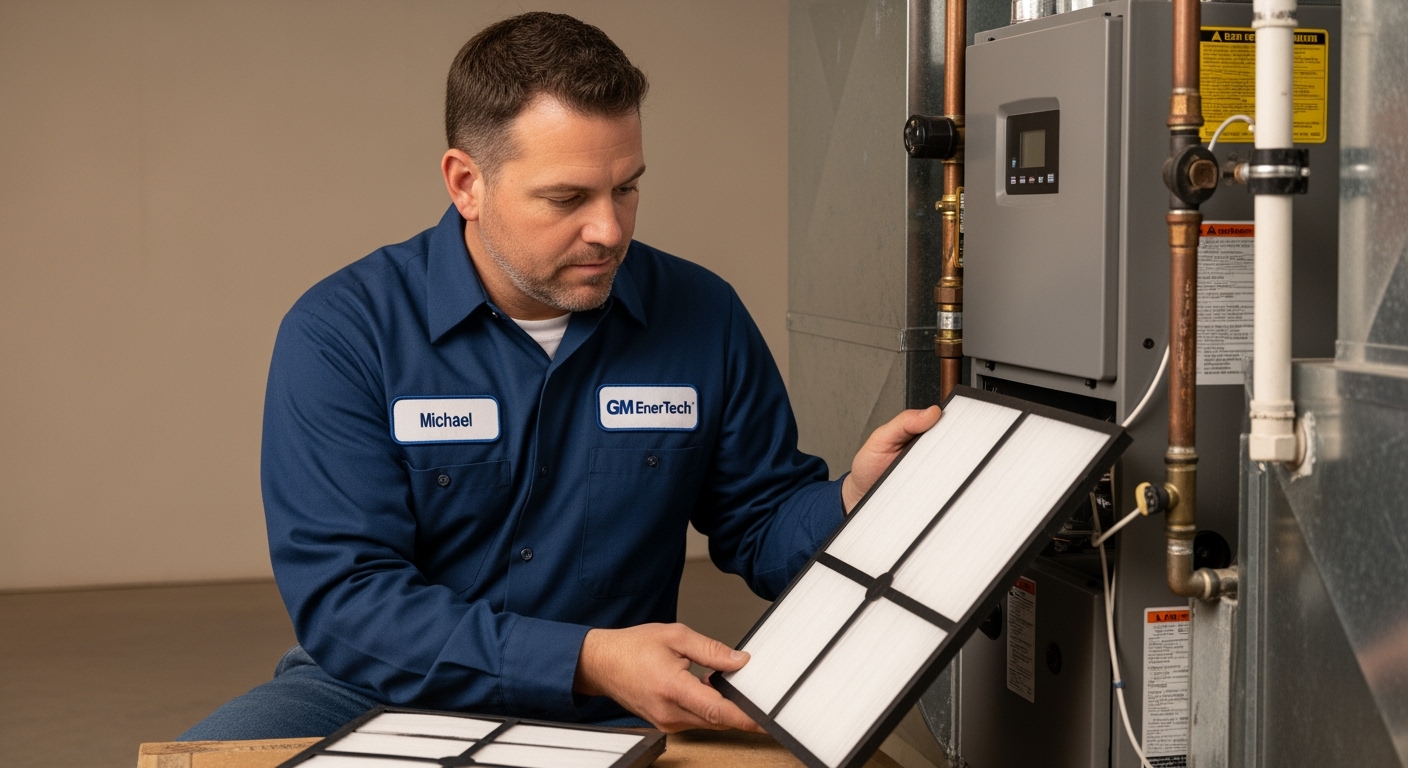 GM EnerTech HVAC technician servicing AC unit in Montauk home