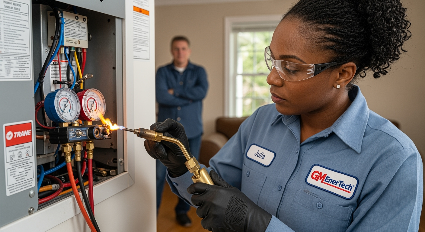 GM EnerTech HVAC technician servicing AC unit in Moriches home