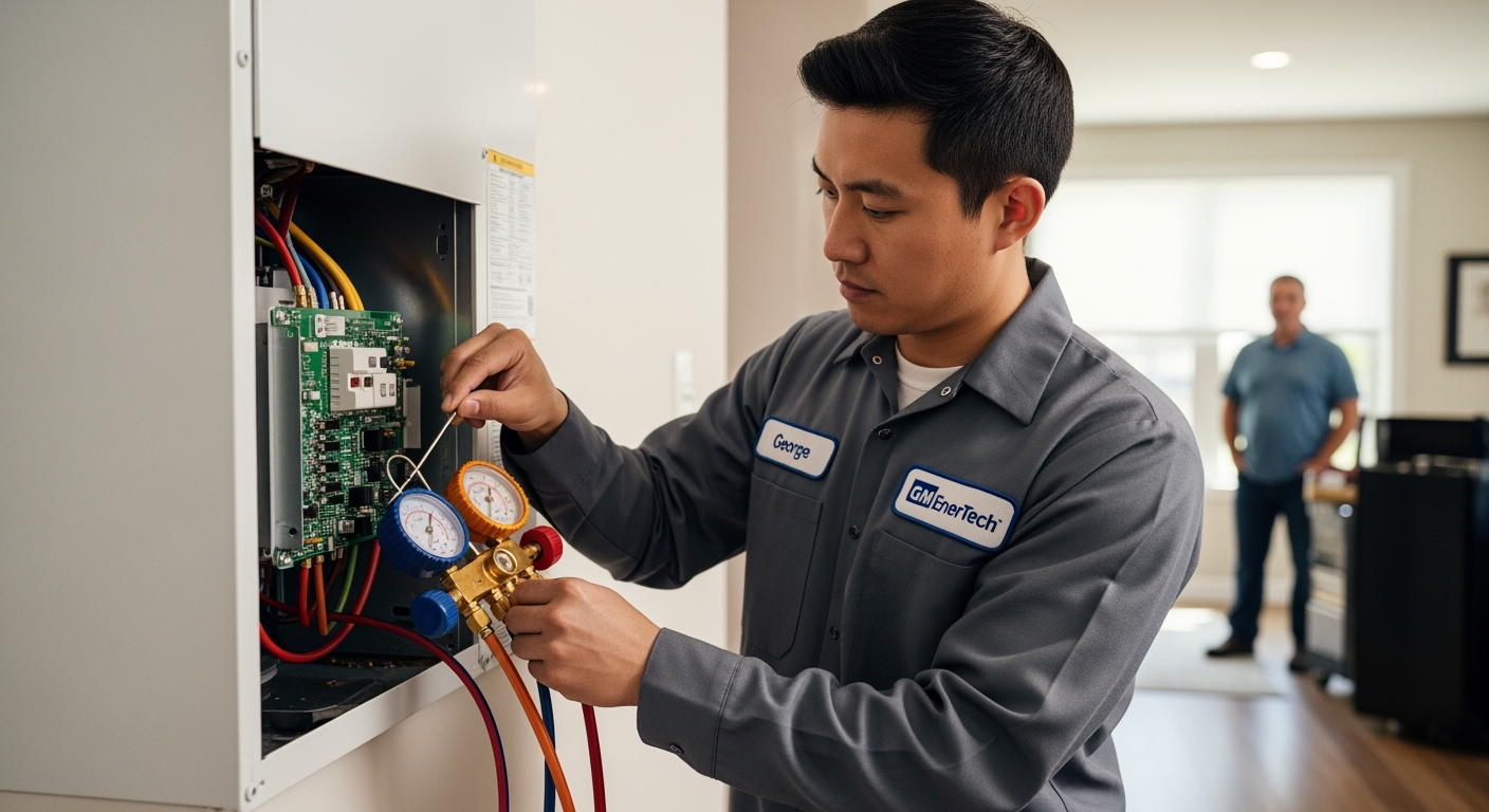 GM EnerTech HVAC technician servicing AC unit in Mount Sinai home