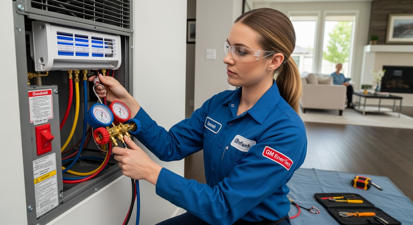 GM EnerTech HVAC technician servicing AC unit in Muttontown home