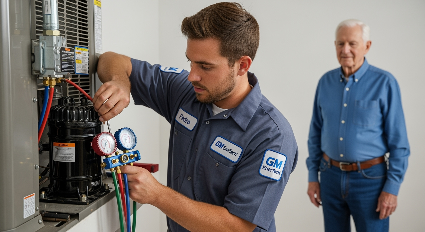 GM EnerTech HVAC technician servicing AC unit in Nesconset home