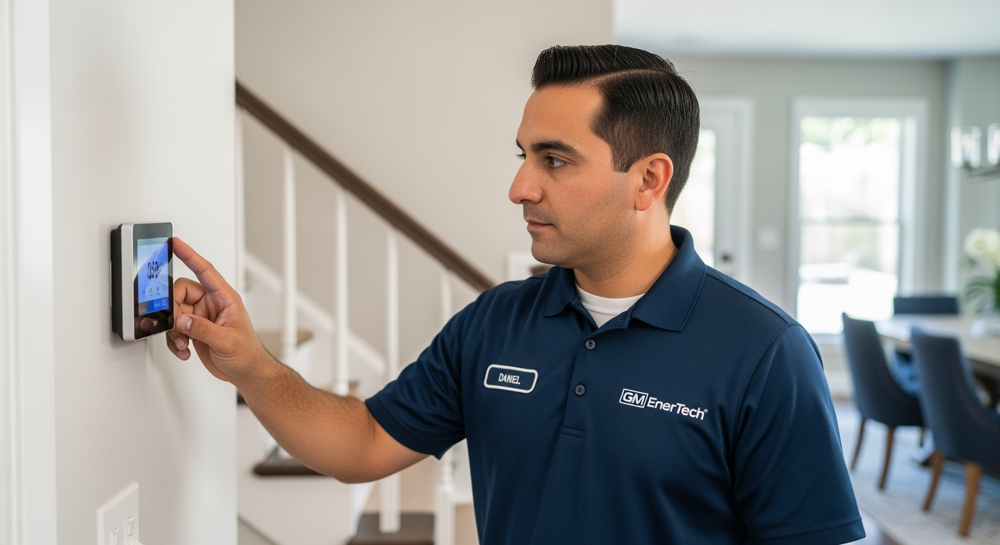 GM EnerTech HVAC technician servicing AC unit in New Hyde Park home