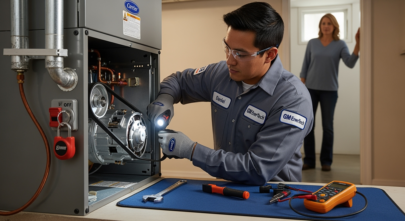 GM EnerTech HVAC technician servicing AC unit in North Babylon home