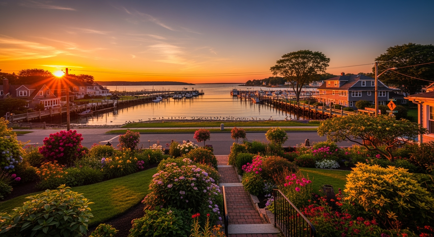 Northport NY waterfront aerial view at sunset