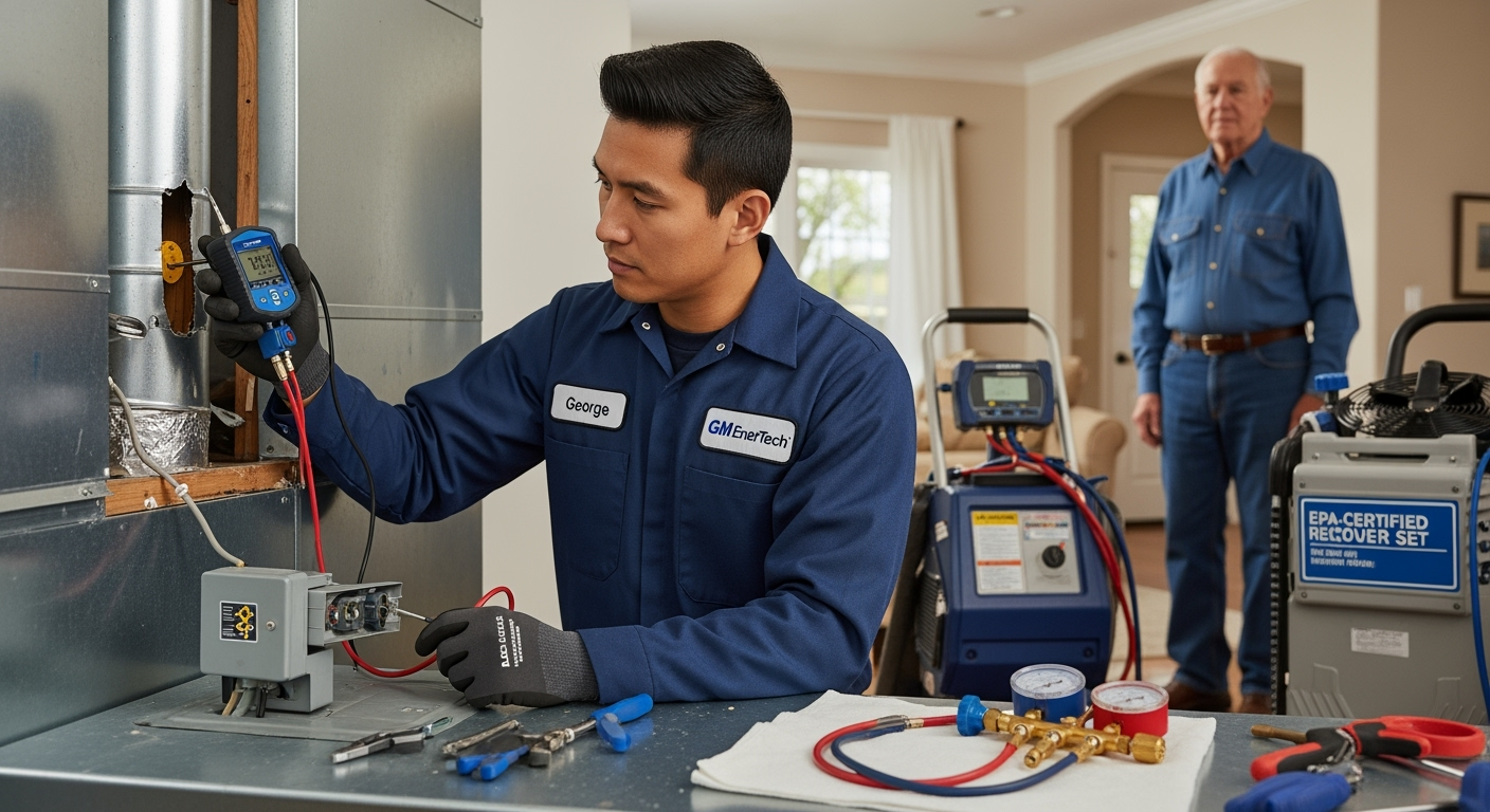 GM EnerTech HVAC technician servicing AC unit in Northport home