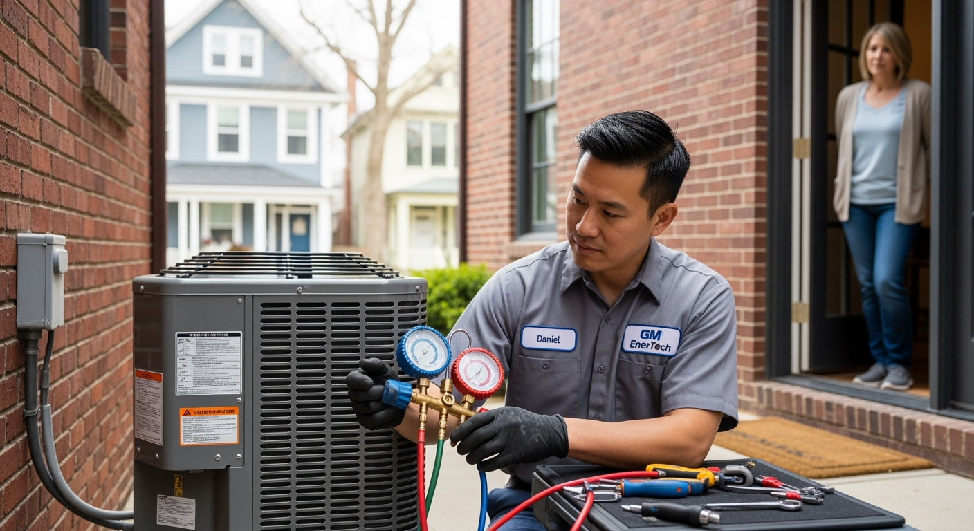 GM EnerTech HVAC technician servicing AC unit in Oakdale home