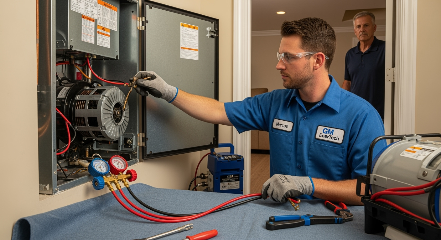GM EnerTech HVAC technician servicing AC unit in Oceanside home