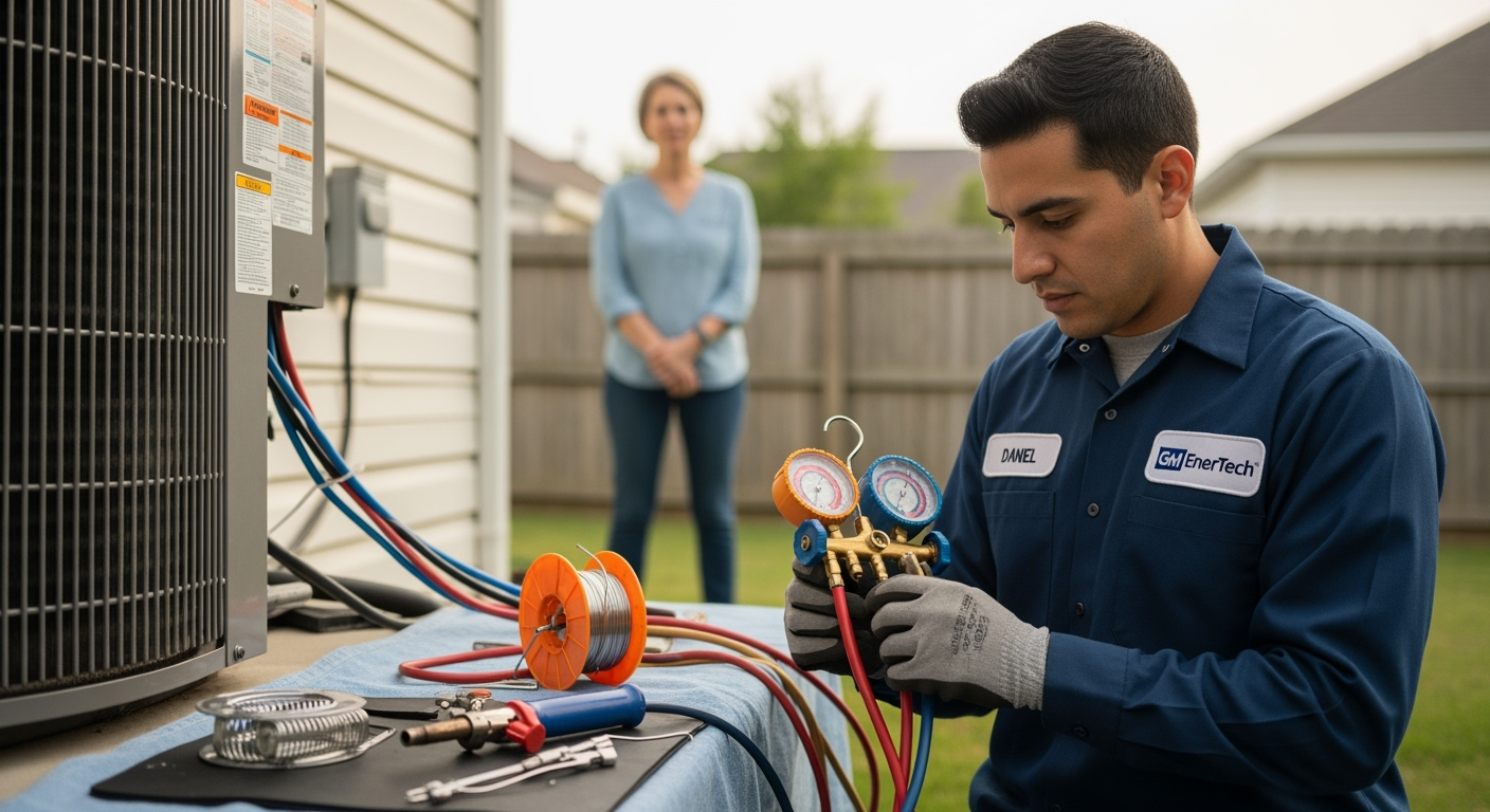 GM EnerTech HVAC technician servicing AC unit in Old Brookville home