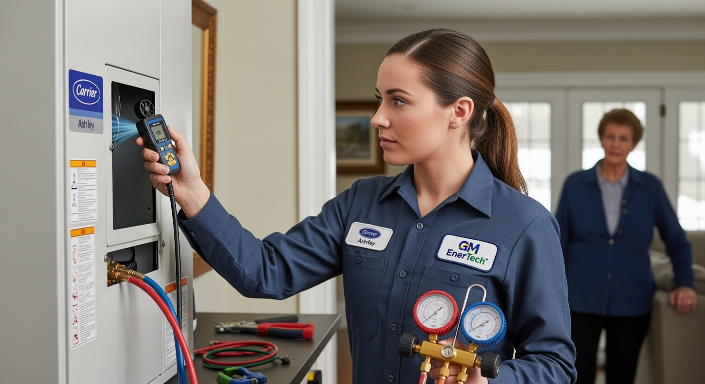 GM EnerTech HVAC technician servicing AC unit in Old Westbury home