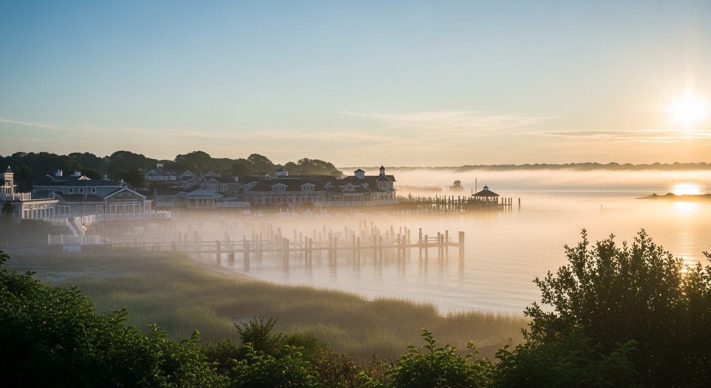 Oyster Bay NY waterfront aerial view at sunset