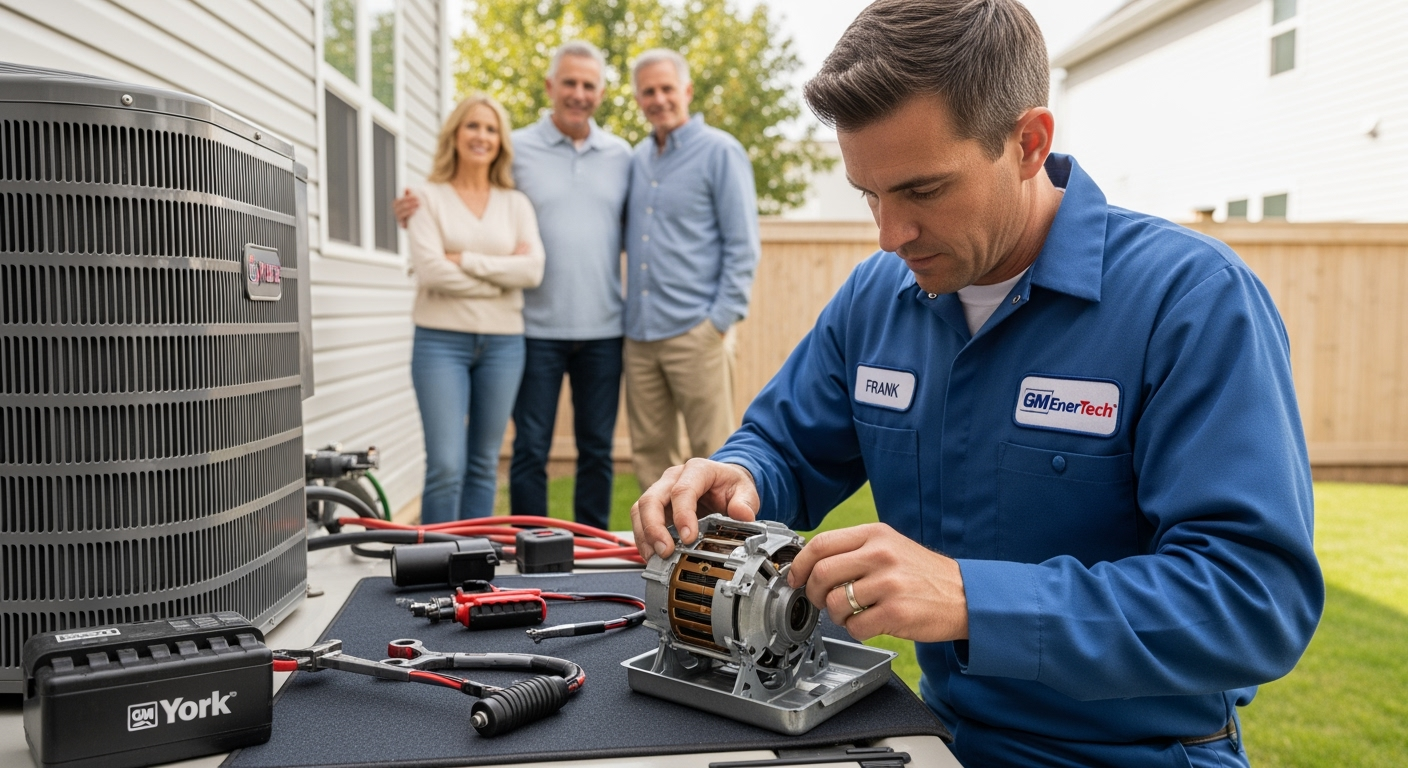 GM EnerTech HVAC technician servicing AC unit in Oyster Bay home