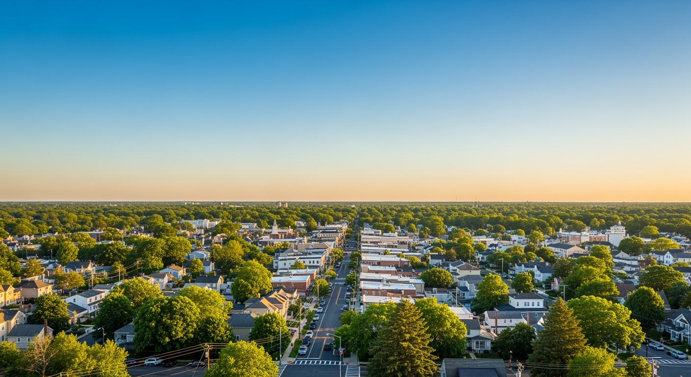 Patchogue NY waterfront aerial view at sunset