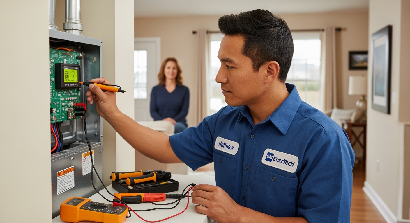 GM EnerTech HVAC technician servicing AC unit in Patchogue home