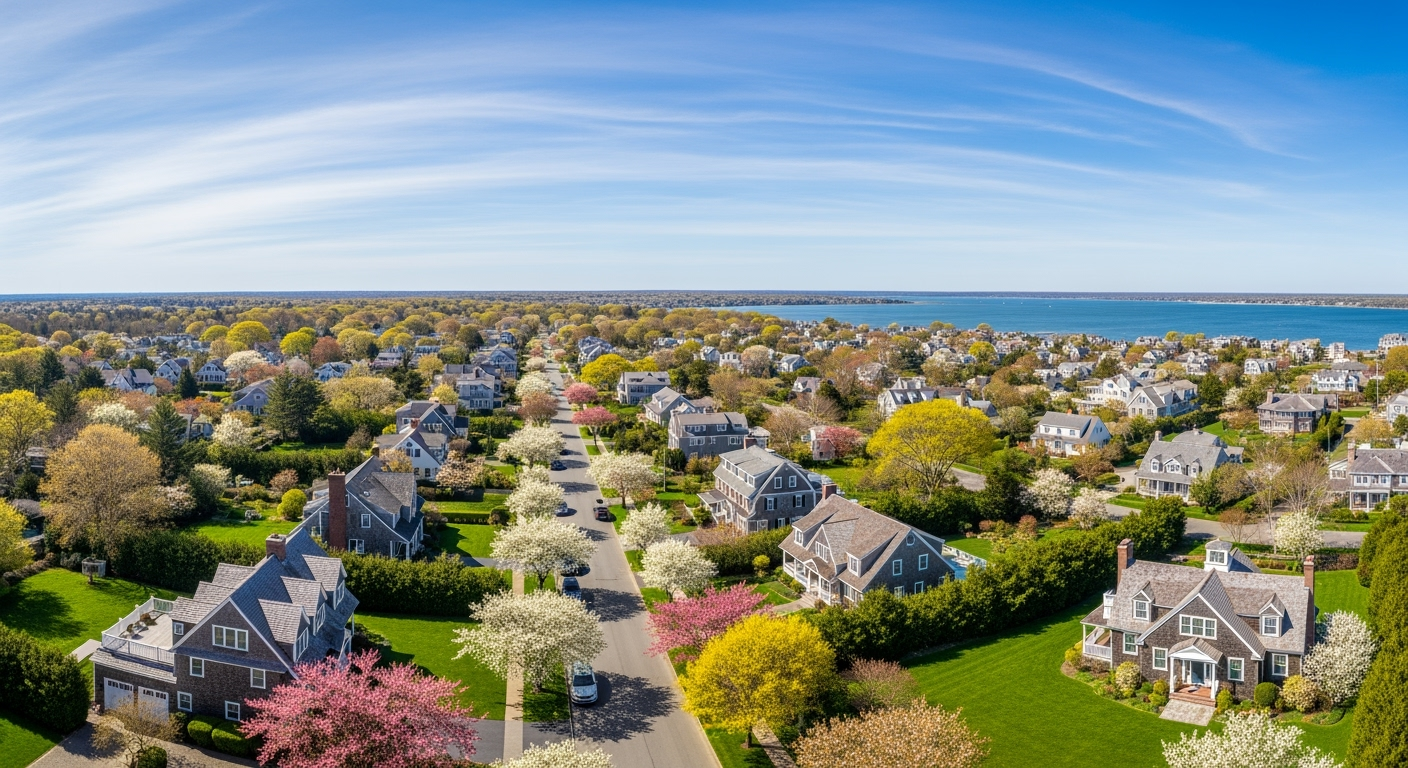 Peconic NY waterfront aerial view at sunset