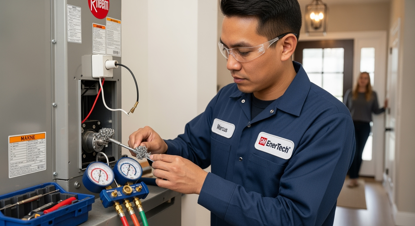 GM EnerTech HVAC technician servicing AC unit in Peconic home
