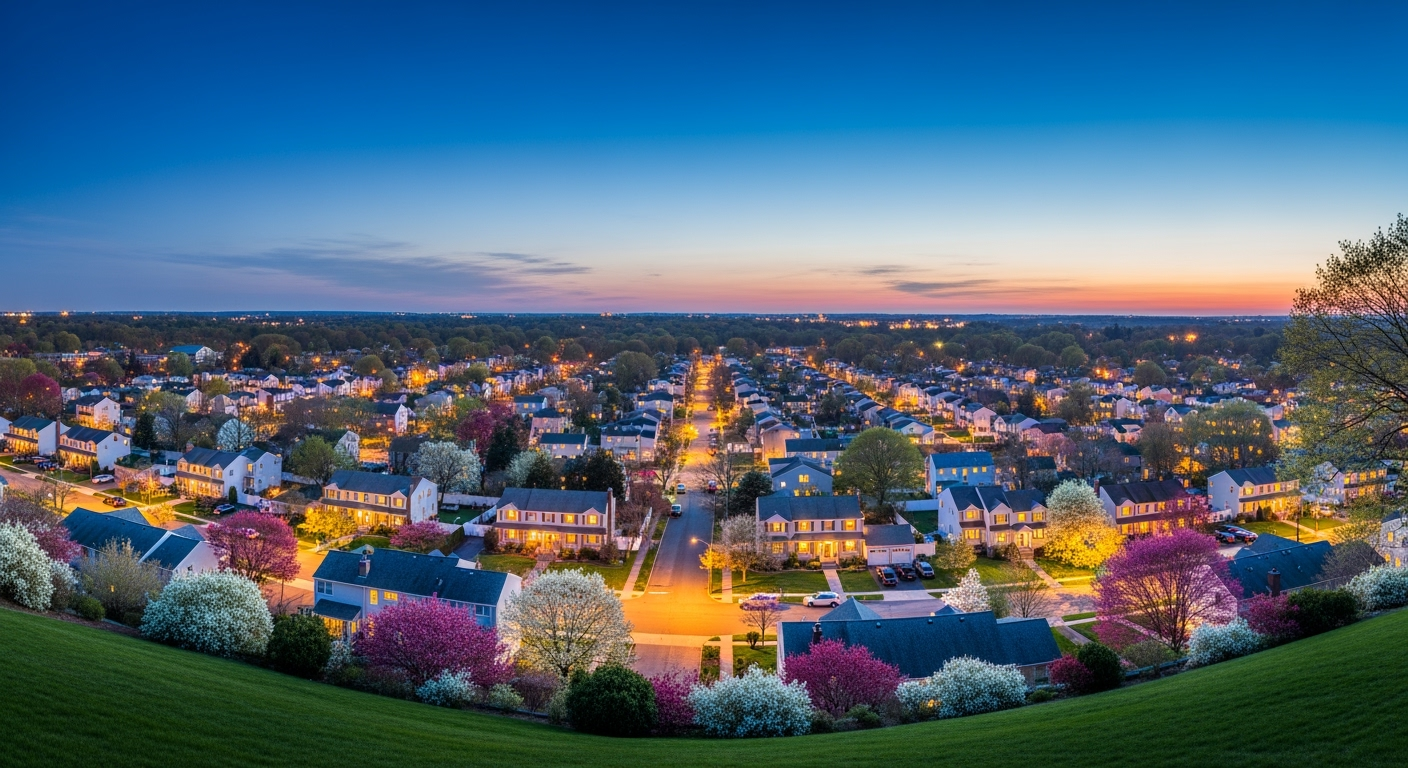 Plainview NY waterfront aerial view at sunset