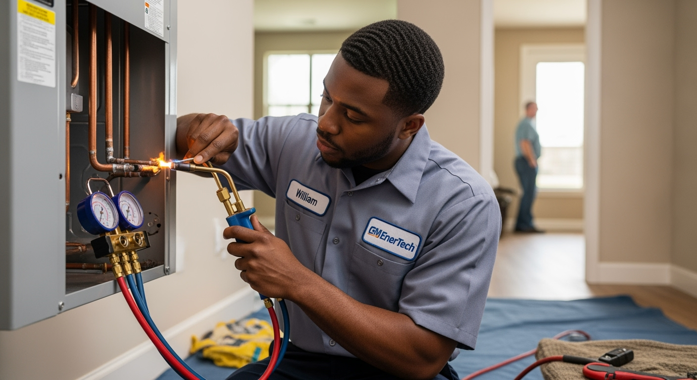 GM EnerTech HVAC technician servicing AC unit in Plainview home