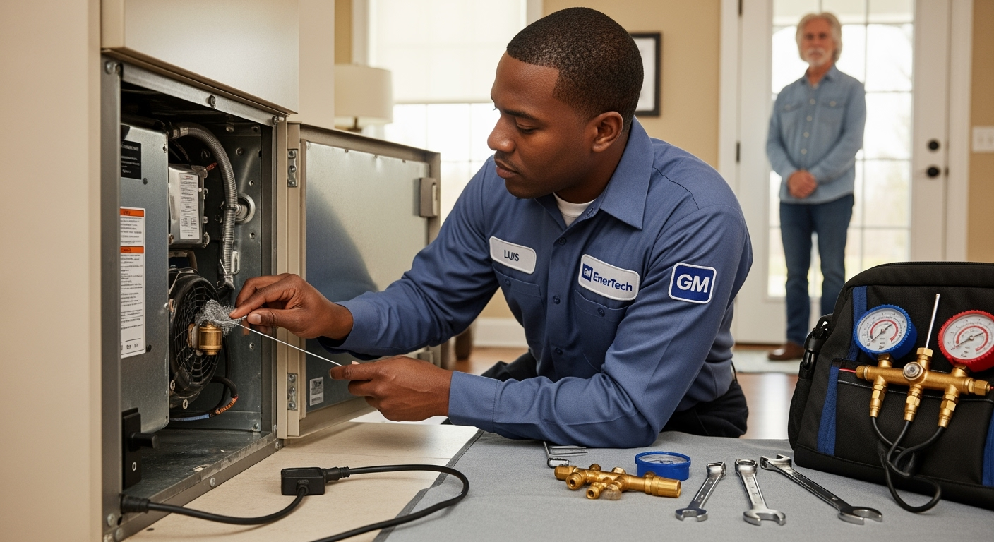 GM EnerTech HVAC technician servicing AC unit in Plandome home