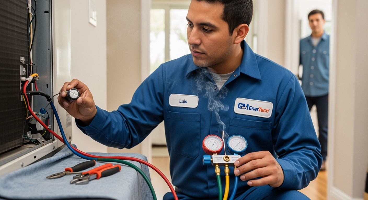 GM EnerTech HVAC technician servicing AC unit in Point Lookout home