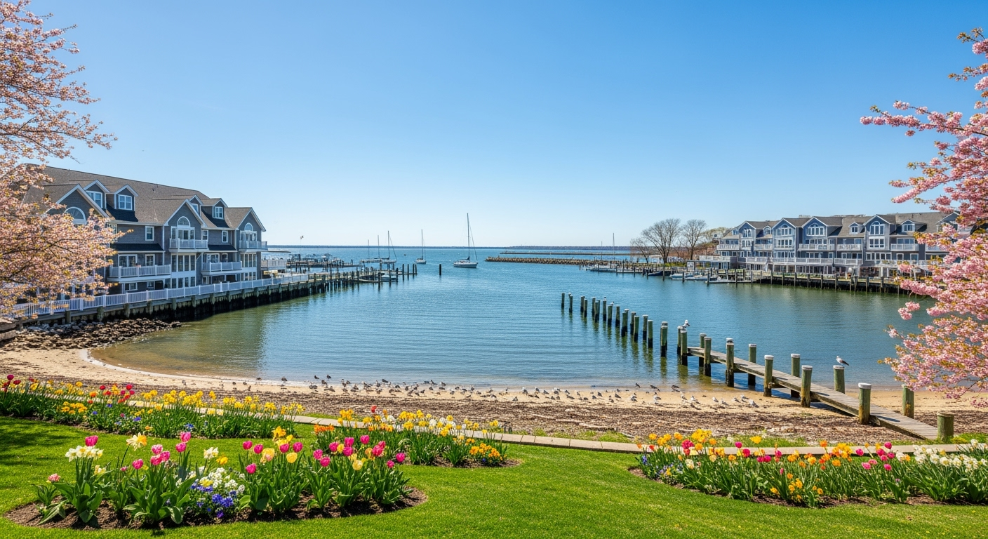Port Jefferson NY waterfront aerial view at sunset