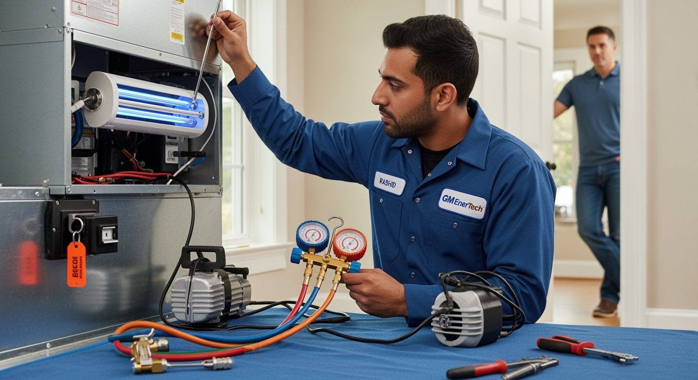 GM EnerTech HVAC technician servicing AC unit in Port Jefferson home