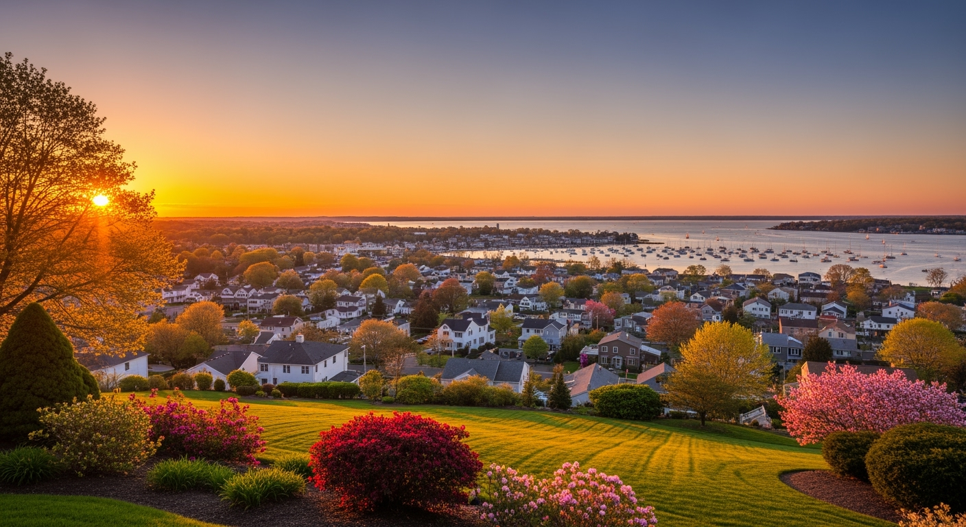 Port Jefferson Station NY waterfront aerial view at sunset