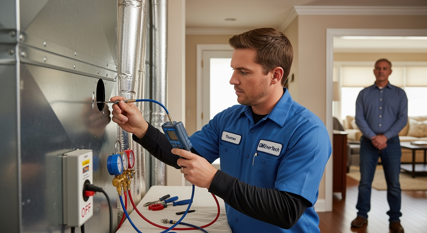 GM EnerTech HVAC technician servicing AC unit in Port Jefferson Station home