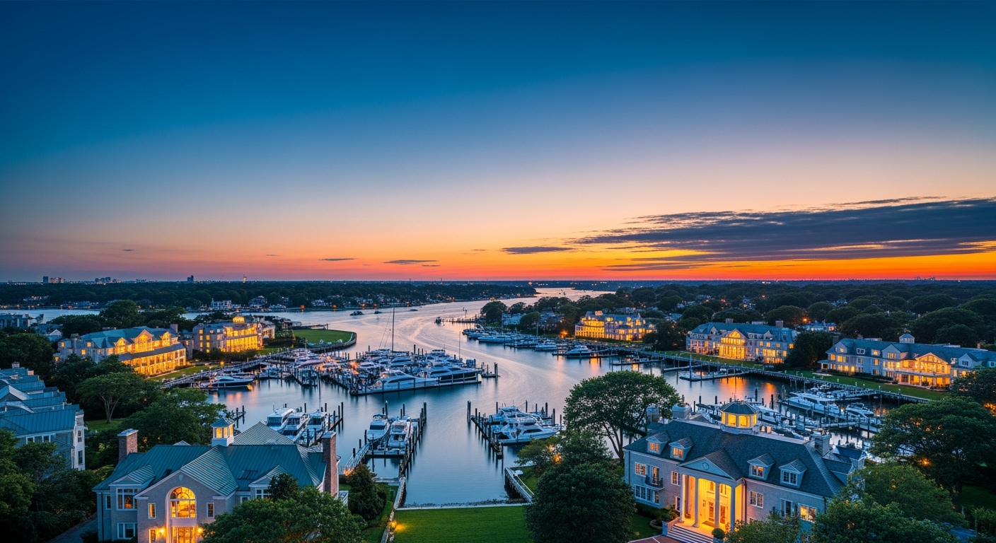 Port Washington NY waterfront aerial view at sunset