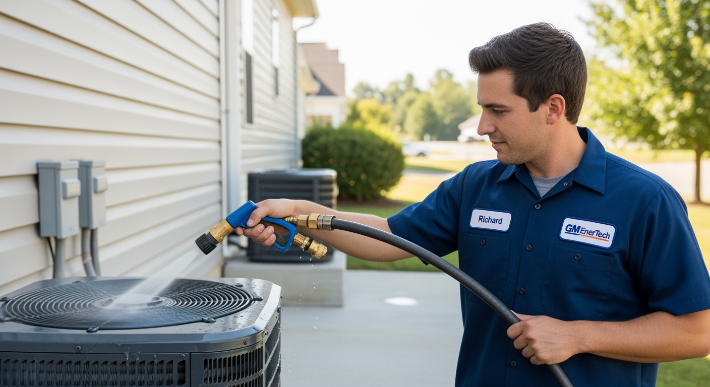GM EnerTech HVAC technician servicing AC unit in Port Washington home