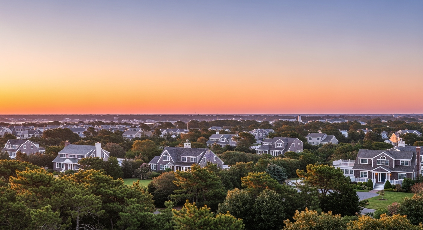 Quogue NY waterfront aerial view at sunset