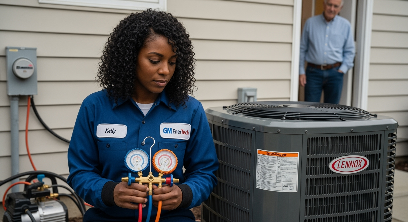 GM EnerTech HVAC technician servicing AC unit in Quogue home