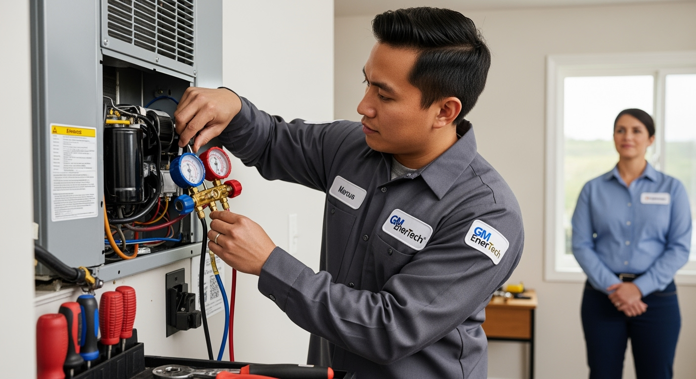 GM EnerTech HVAC technician servicing AC unit in Remsenburg home