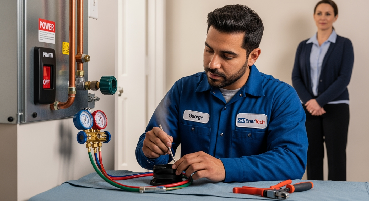GM EnerTech HVAC technician servicing AC unit in Ridge home