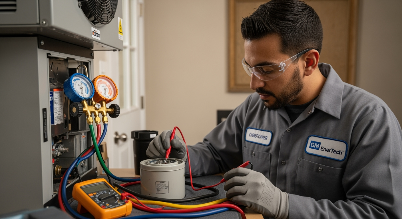 GM EnerTech HVAC technician servicing AC unit in Riverhead home